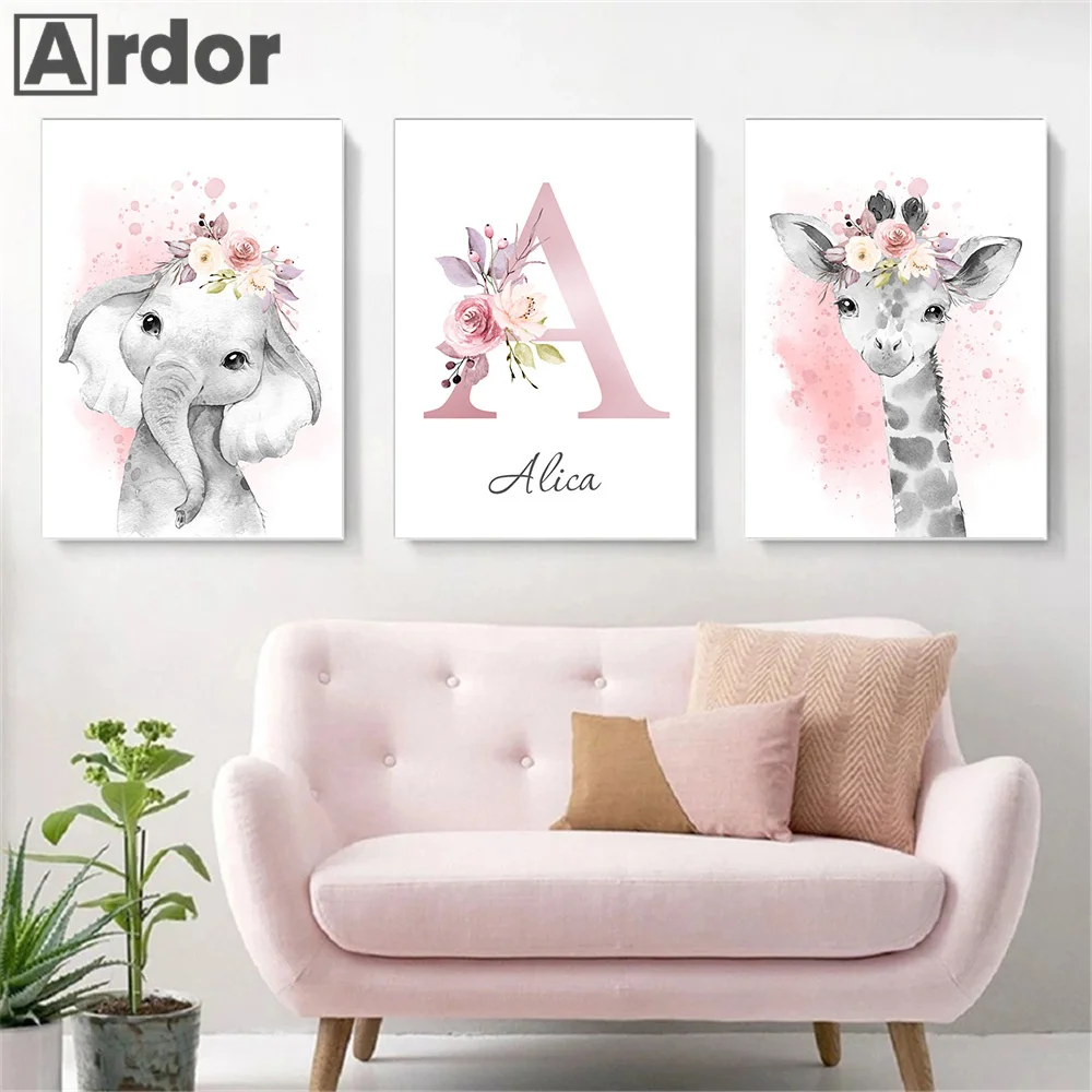 Koala Rabbit Tiger Lion Giraffe Pink Flower Wall Art Canvas Painting Nordic Posters And Prints Picture Baby Kids Girl Room Decor