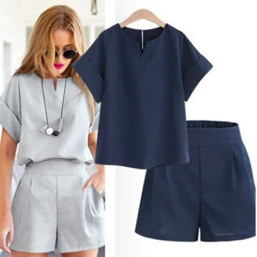 2 pieces women sets Summer new short-sleeved top+solid color elastic waist shorts two-piece suits women's clothing