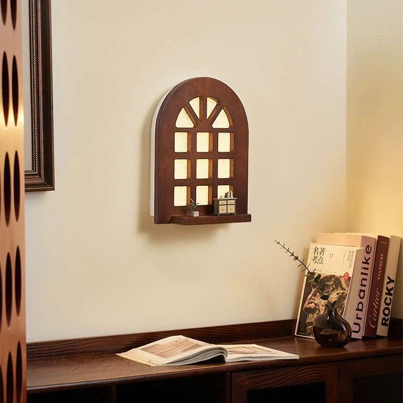 French Retro Solid Wood Window Wall Lamps Bedroom Bedside Light Medieval Walnut Color Study Room Living Room Corridor Wall Light