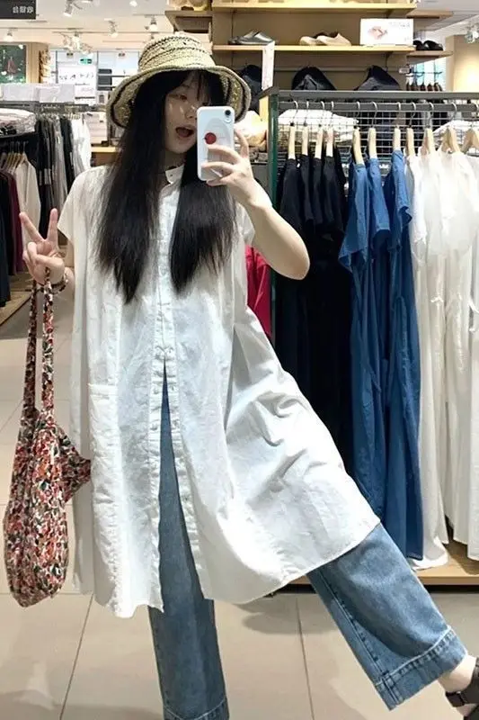 

Pure Cotton Oversized Shirt Dress 2025 Women's Summer Longline White Blouse, Lazy Style Casual Cover-Up & Layering Top Fashion