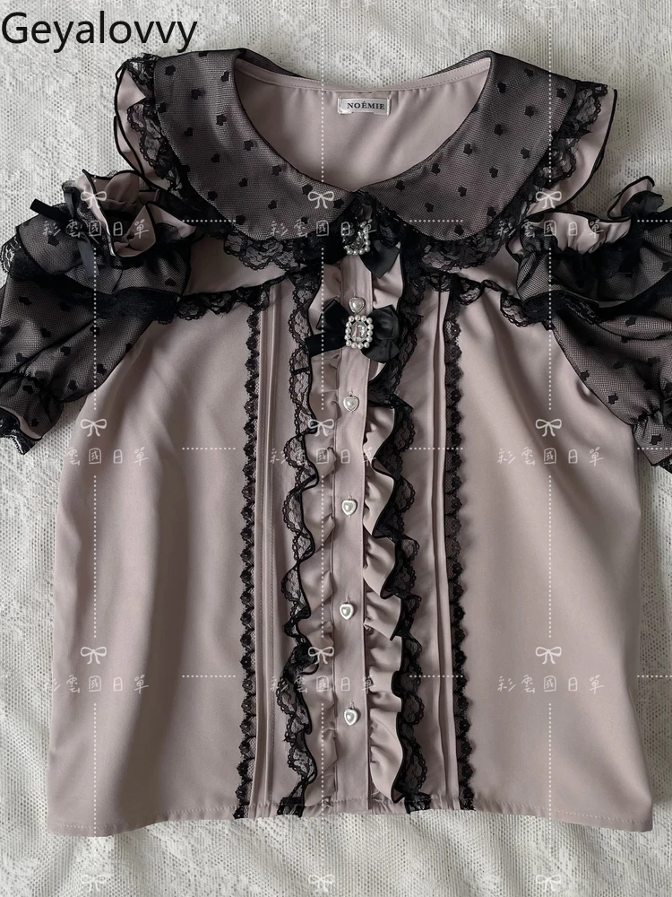 แขนสั้นใหม่สาวหวานอเนกประสงค์ TOP Japanese Mine Series Mass-ผลิตลูกไม้ Splicing Off-ไหล่ตุ๊กตาคอเสื้อ