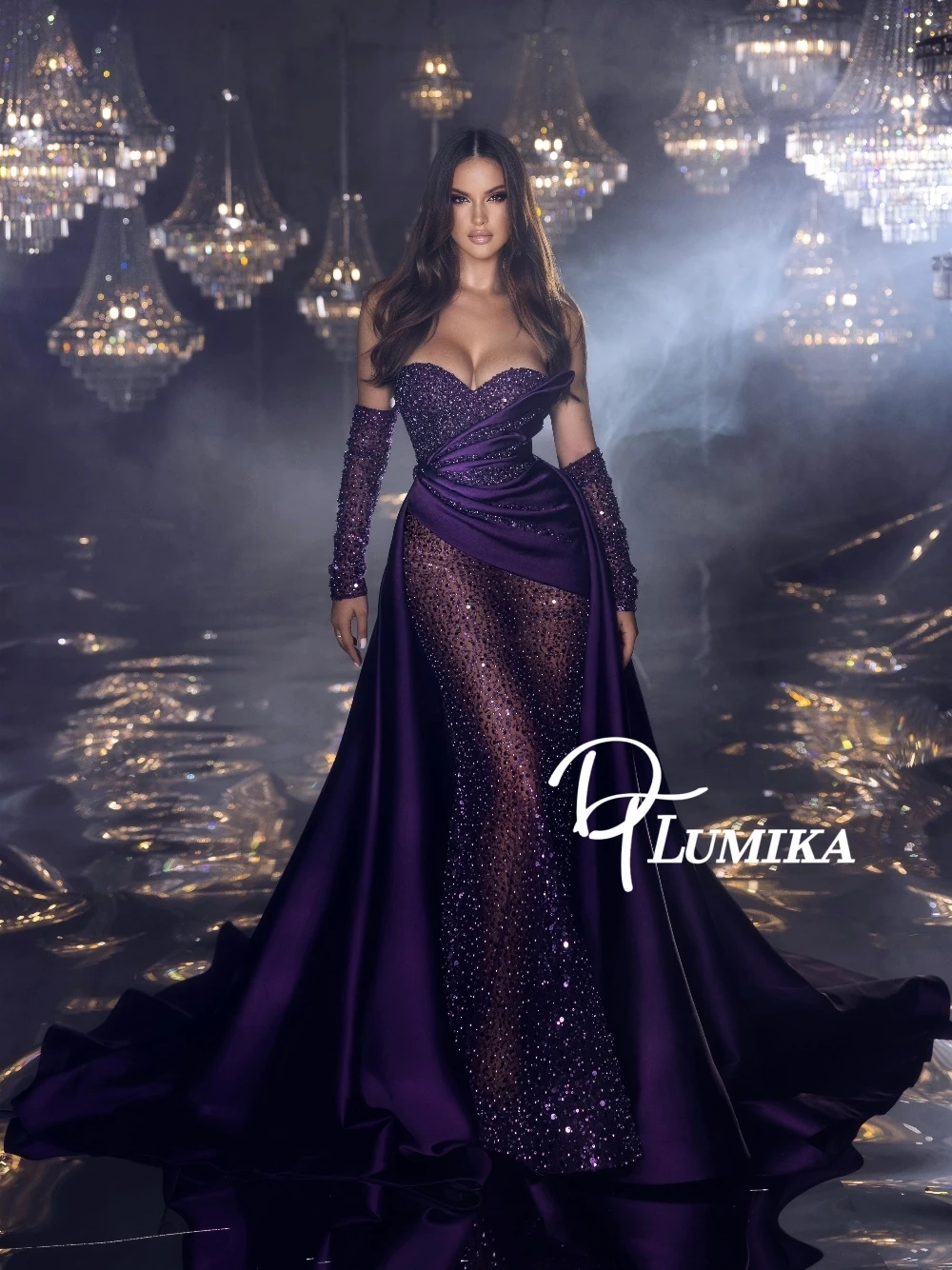 

DTLumika Purple Illusion Glitter Evening Dress With Satin Train Romantic Gorgeous Sweetheart Neck Customized Party Prom Gown