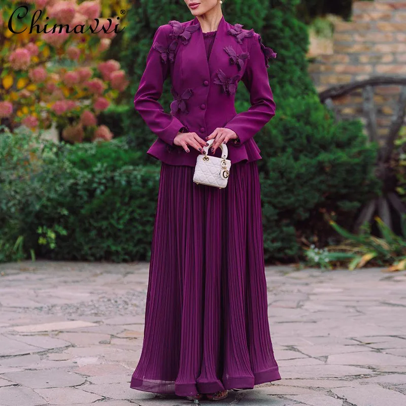 

Весенний комплект 2026: Французский стиль, роскошный фиолетовый костюм с 3D-бабочками, пиджак и плиссированная юбка с высокой талией, комплект из 2 предметов для женщин