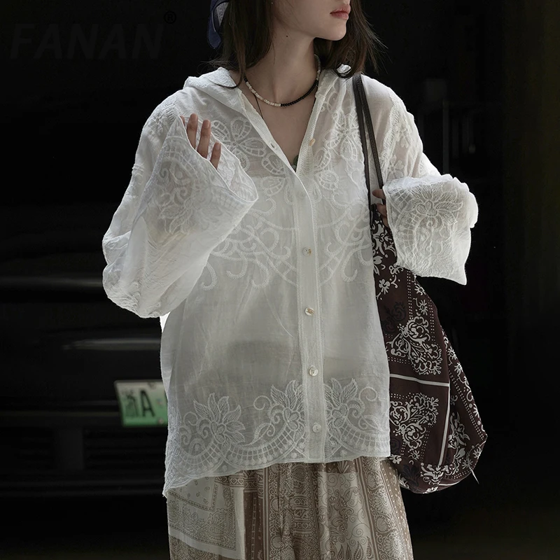 

FANAN Lace Design Hooded Design Sunscreen Coats For Women Zipper Cardigan Long Sleeve Loose Jackets Female 2025 Summer New