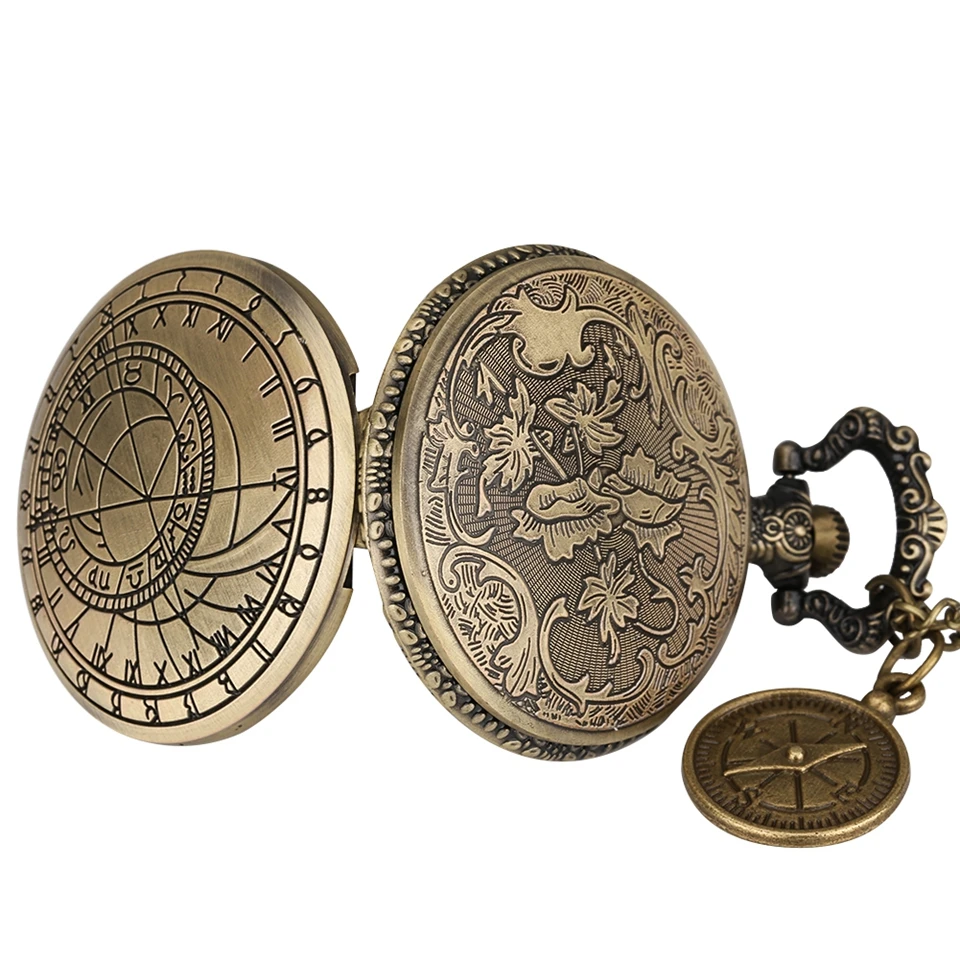 Reloj de bolsillo de cuarzo con diseño astronómico, pulsera con brújula de bronce, diseño geométrico de Prague, dibujo artístico, collar, reloj colgante con accesorio