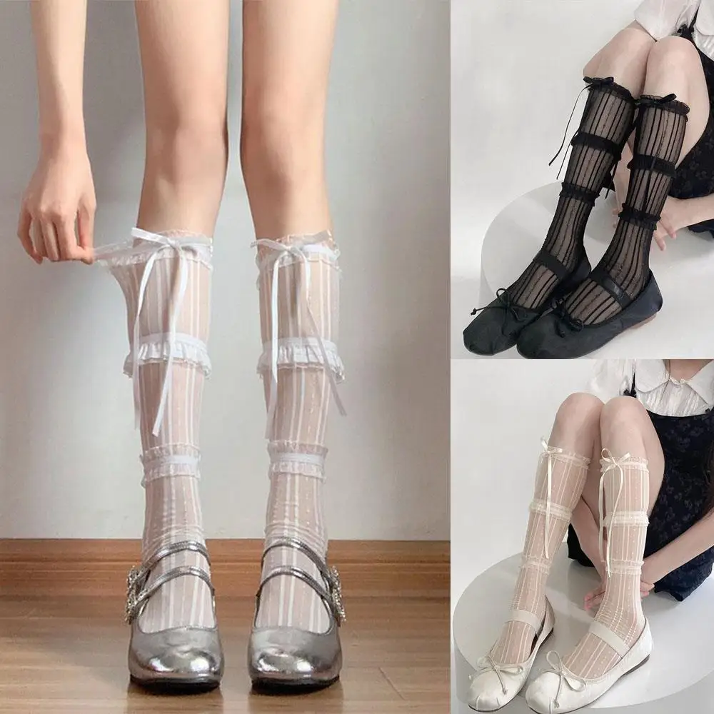 

Lace Lolita Socks Elastic High Tube Ribbon Bowknot Socks Ballet Style Sweet Lolita Female Sock Fashion Sweet Lace Bow Stockings