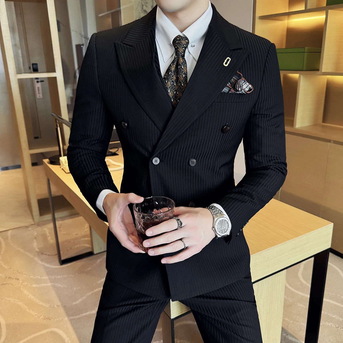 (Jackets+Pants+Vest) Luxury Stripe Men Suit High Quality Double Breasted Elegant Fashion Tuxedo Formal Groom Wedding Social Suit