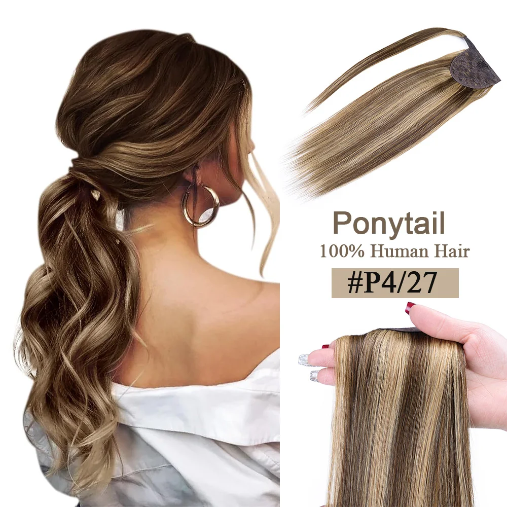 

Ponytail Extension Human Hair Wrap Around Ponytail Hair Extensions Dark Brown Highlight Strawberry Blonde Ponytail Human Hair