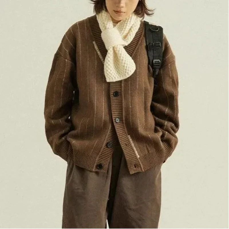 

Japanese Style Autumn Winter New Unisex Lazy Style Striped Cardigan Sweater Men Women Loose Academy Retro Knit Coat