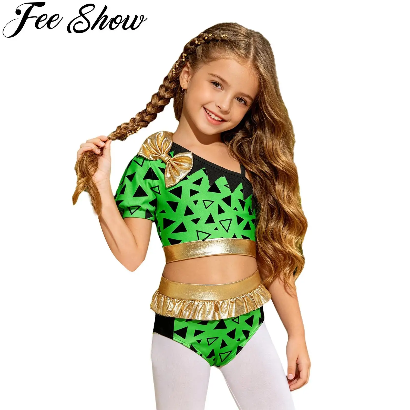 Kid Girls Halloween Prehistoric Caveman Primitive Tribal Costume Metallic Gloss Bow Crop Top+Ruffle Briefs for Stage Performance