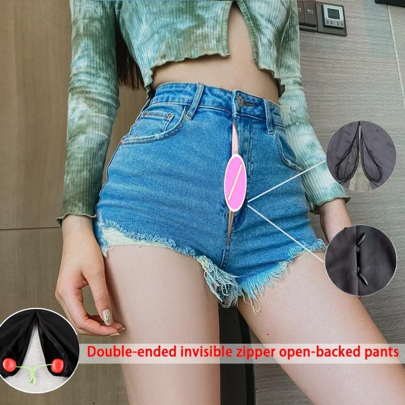 Celana Jeans sobek selangkangan terbuka tak terlihat celana pendek Mini wanita celana seks luar ruangan celana Hotpants eksotis musim panas wanita Streetwear kasual pacar