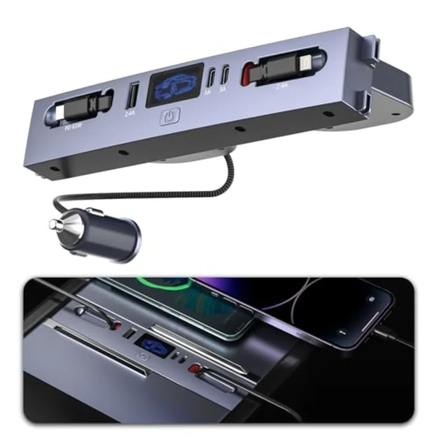 

Зарядное устройство-хаб USB 65 Вт для Tesla Model Y Juniper 2026, Model 3 Highland 2024-2025: аксессуары для быстрой зарядки с выдвижными кабелями