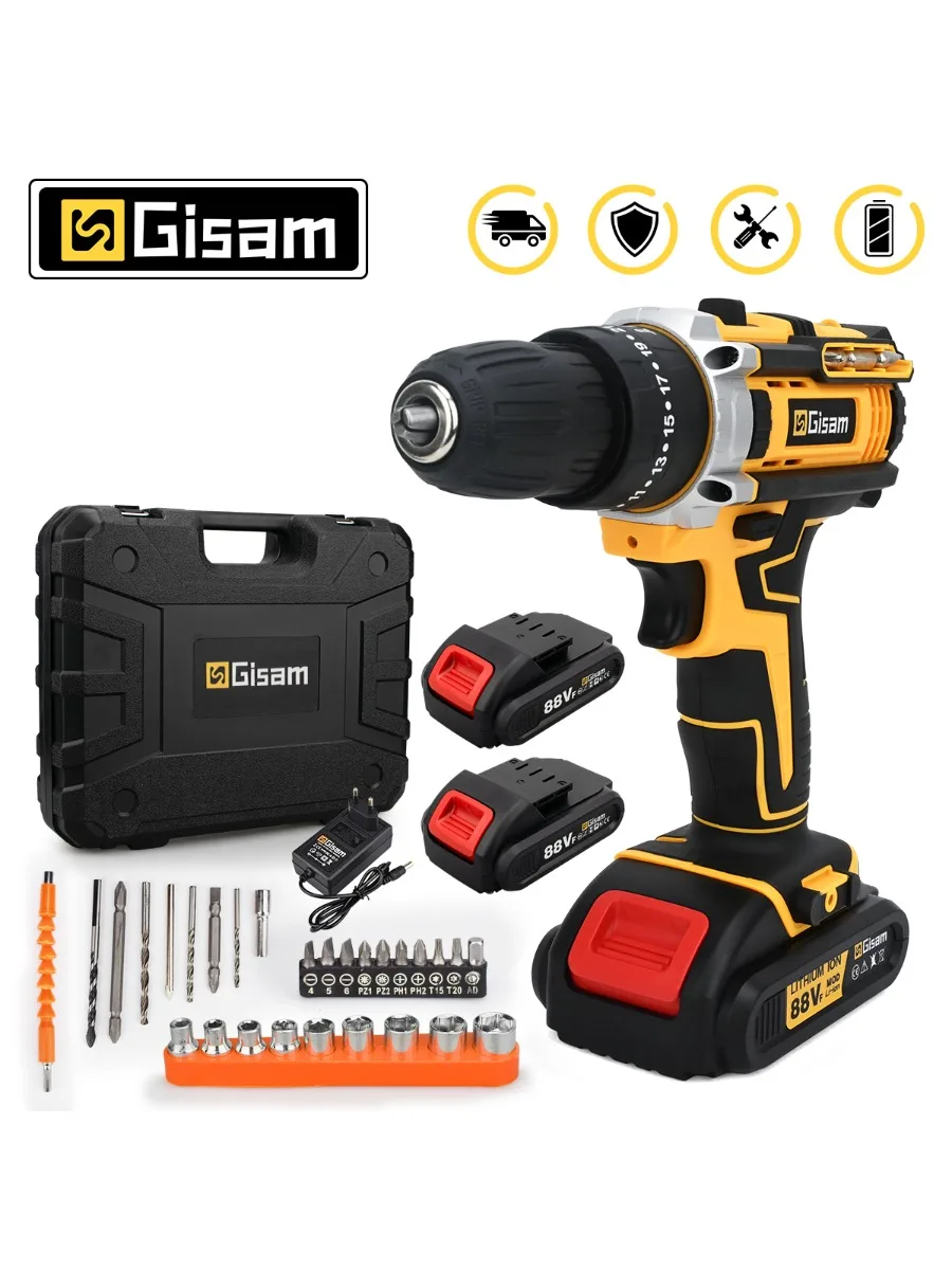 Gisam 25+3 Torque Elektryczny wkrętak udarowy Wielofunkcyjna wiertarka akumulatorowa Elektronarzędzie Ustawienie 2 biegów z 2 akumulatorami — 2
