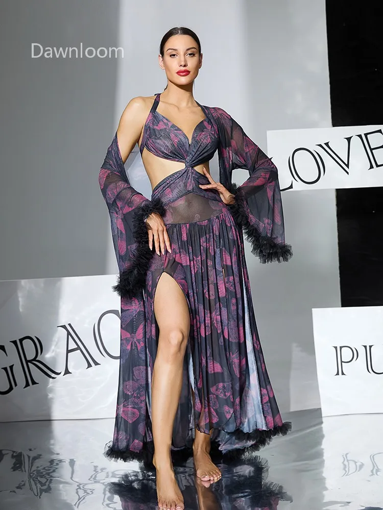 

Ночная сорочка Dawnloom с принтом бабочек, из тюля, с отделкой из перьев, с вырезом халтер и разрезом, длинная, для женщин, сексуальная, роскошная, мечтательная, для дома и отдыха