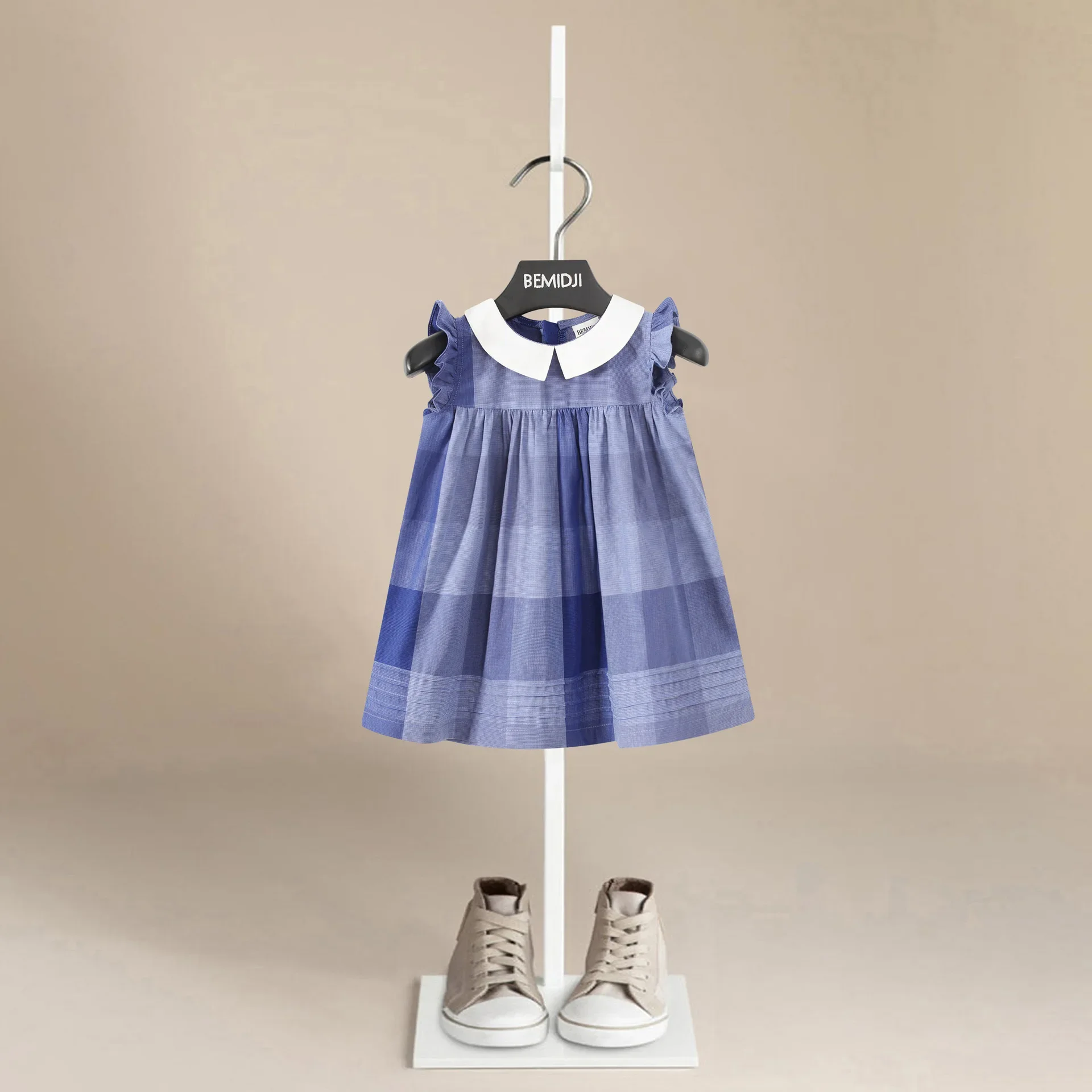 

Children Dresses Girls Summer Dress White Doll Collar Children's Blue Baby Plaid Stylish Vest Skirt Baby Girl Sweet Vest Skirt