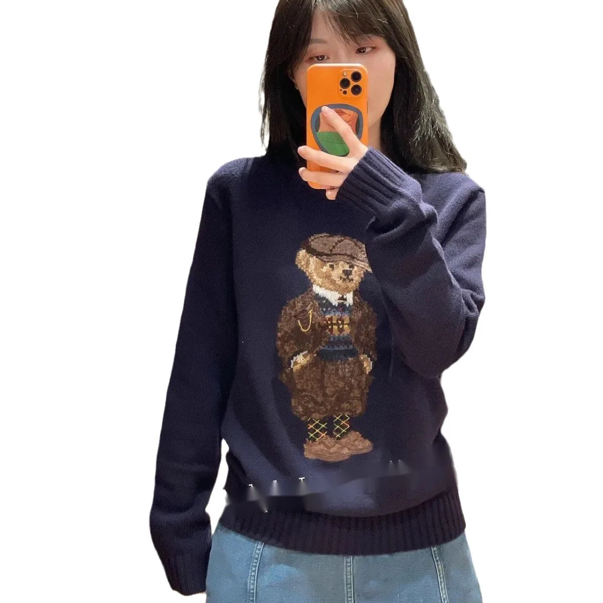 2025New suéter de lana de alta calidad para hombres y mujeres bordado Rl Bear manga larga Sudadera con capucha de punto algodón moda pareja suéter