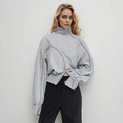 Solid Minimalist Loose Sweatshirts For Women Turtleneck Long Sleeve Patchwork Zipper Irregular Sweatshirt Female Fashion New