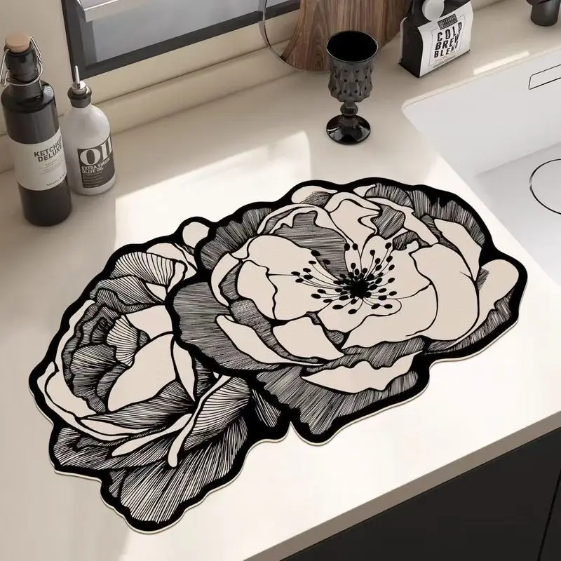 Unique Floral Dish Drying Mat Coffee Bar Water-Absorbing Quick-Dry Non-Slip Home Tabletop Decorative Accessory Aesthetic