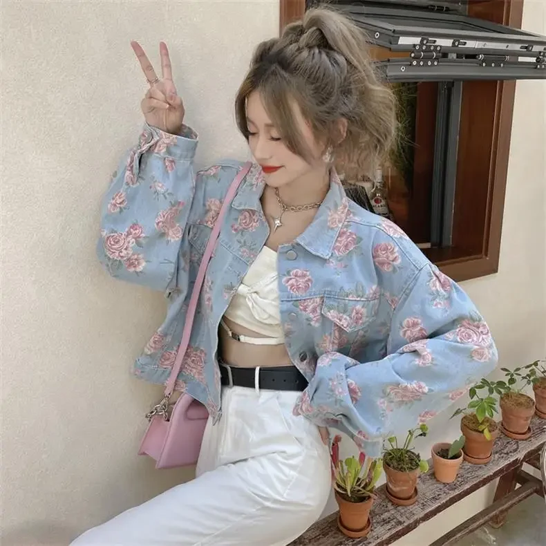 Cappotto di jeans da donna lavato monopetto Giacche con stampa Colletto rovesciato Capispalla a maniche lunghe Nozioni di base larghe Tasche Bottoni