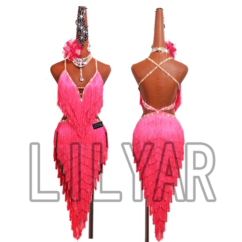 Imagen 2 del producto Nuevo vestido profesional de competición de baile latino para mujeres adultas vestido de baile sin espalda con borlas rosas brillantes