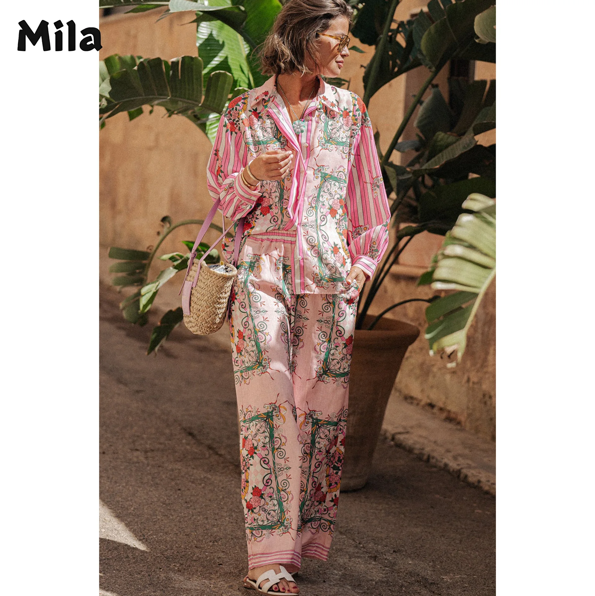 New Long-sleeved Casual Vacation Two-piece Set Loose Printed Pockets Pant Sets for Women 2 Pieces Summer Women\'s Suit Trousers