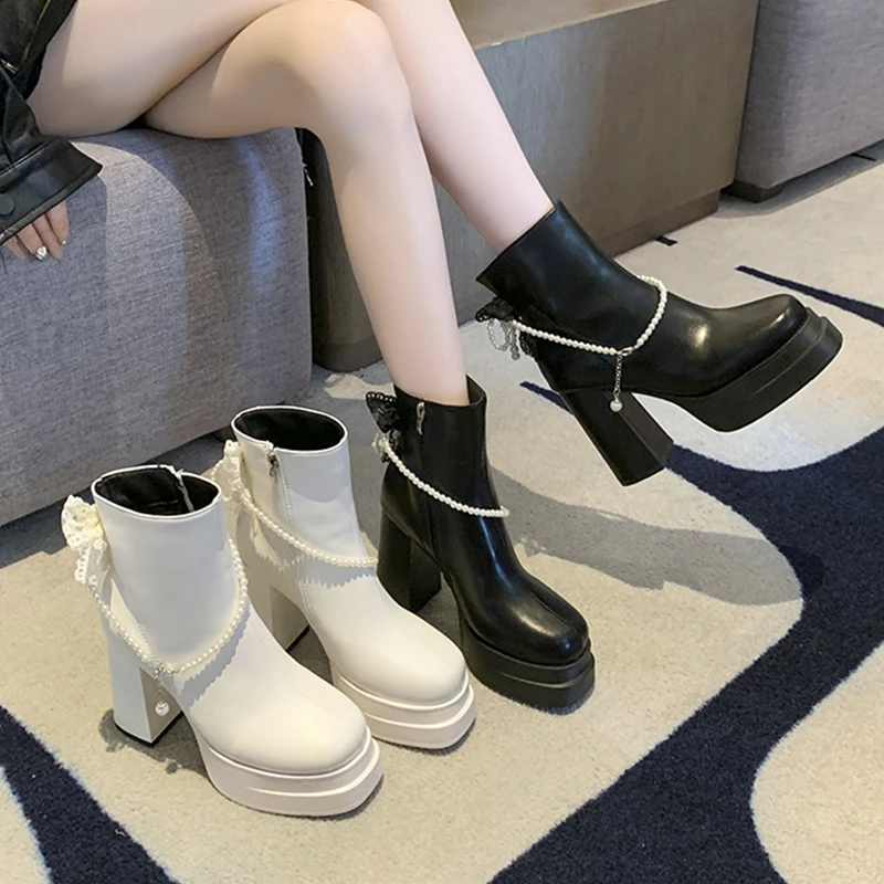 مطرز النساء حذاء من الجلد أحذية عالية الكعب منصة الأحذية الجلدية 2025 شتاء جديد فستان أنيق أحذية مثير مضخات تشيلسي الأحذية #5