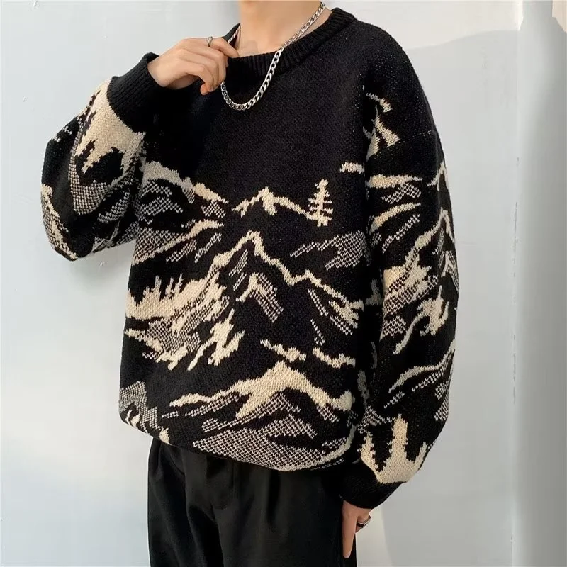 Japan Style Mountain Graphic Jacquard Sweaters for Men 2025 Casual Long Sleeve Knitted Pullovers Y2K Vintage Knitwear Pull Homme