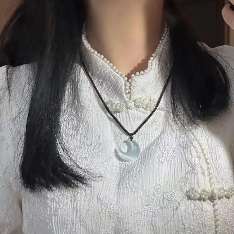 E15E Crystal Pendant Necklace Adjustable Simple Black Rope Choker