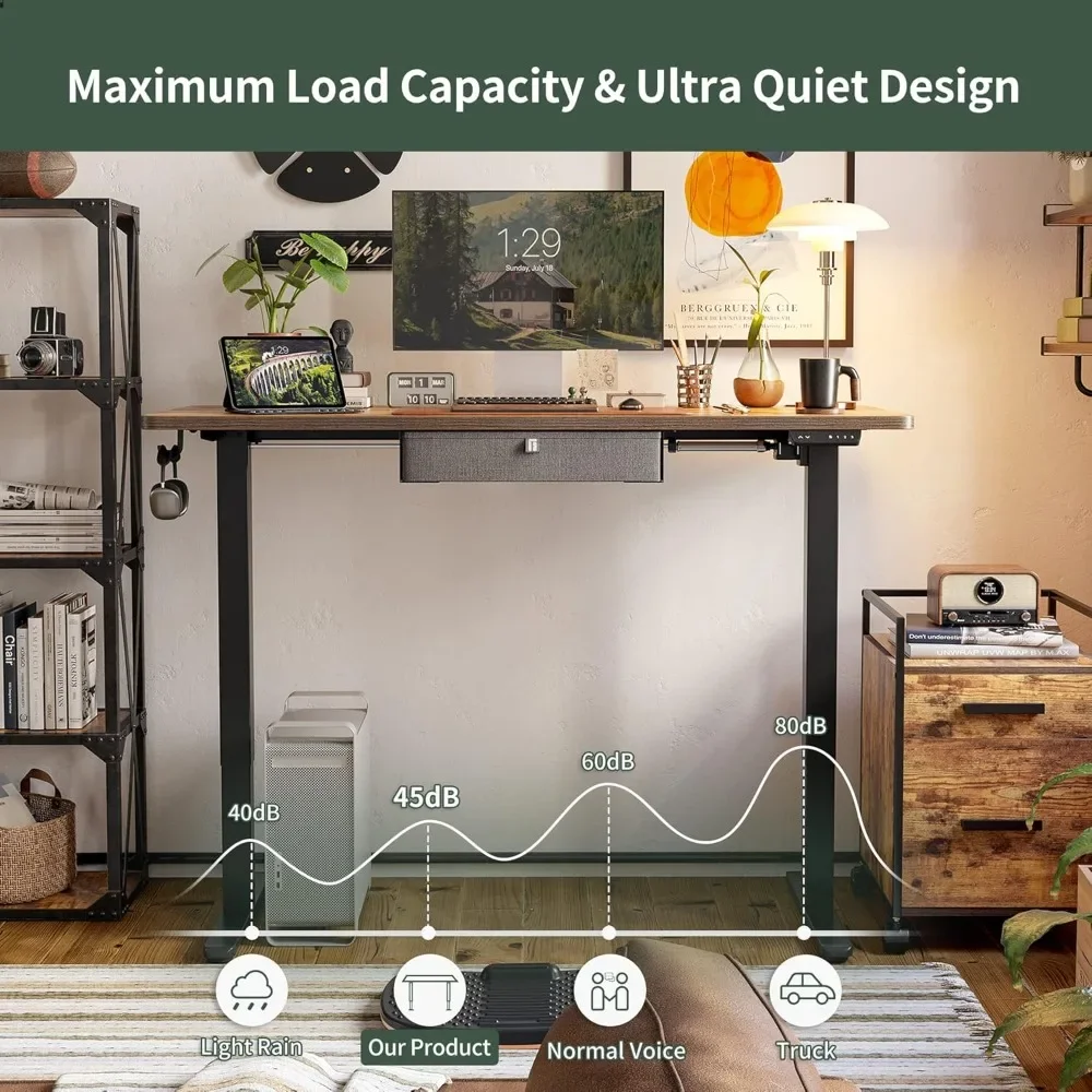 Mesa ereta ergonômica com gaveta, mesa do computador, altura ajustável, marrom rústico, 55x24 polegadas