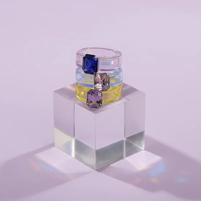 Candy Colored Transparent Resin Chunky Rings With Shiny Square Rhinestone Inlay For Daily Wear Party Dating