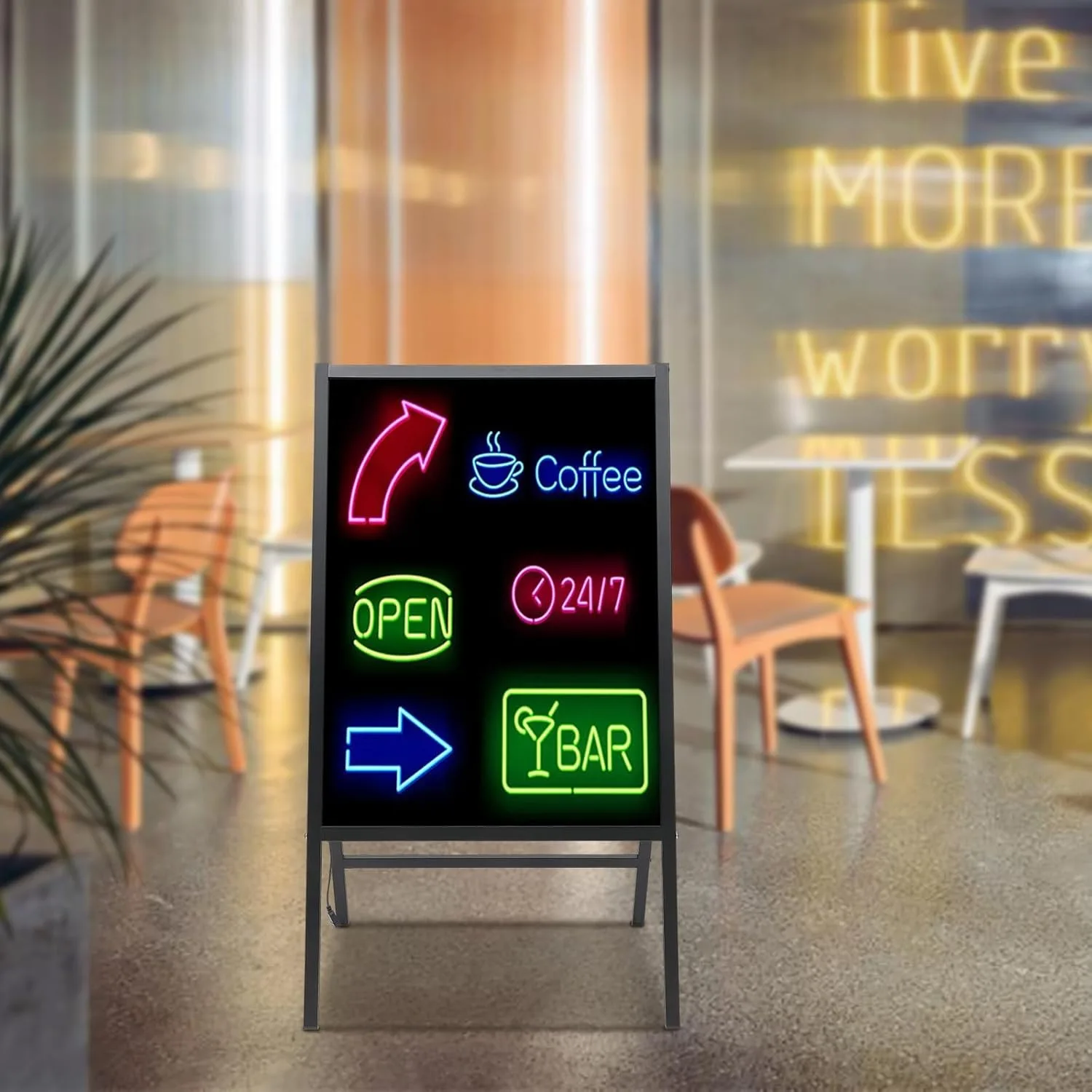 Standing LED Message Writing Board,Erasable, Neon Effect Restaurant Menu Sign with 8 Fluorescent Makers Flashing Mode