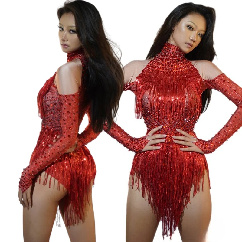 2025 Red sparkling fringed latin dance talent performance suit, female group backing dance high fork jumpsuit performance suit