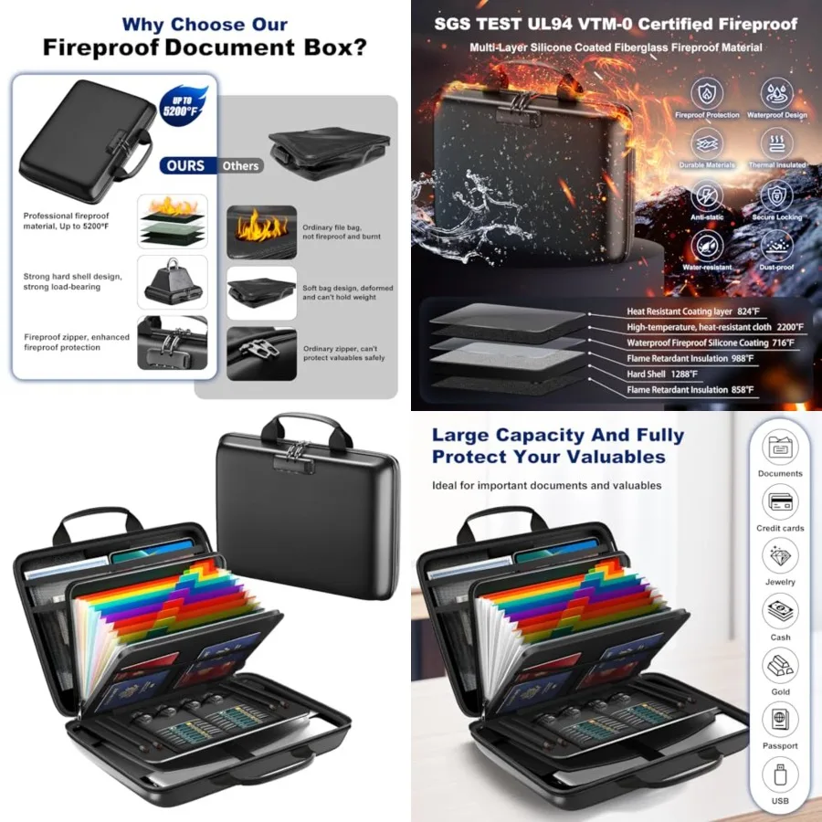 

Fireproof, Hard Case Fireproof File Organizer with Lock and 13 Pocket Accordion File Folder, Portable Safe Box for Home Office