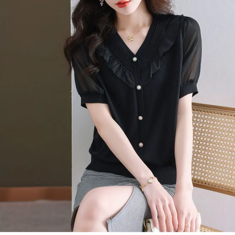 Commute Stylish Ruffles Patchwork Shirt Chic Pearl Button Summer Elegant V-Neck Female Clothing Solid Color Striped Folds Blouse