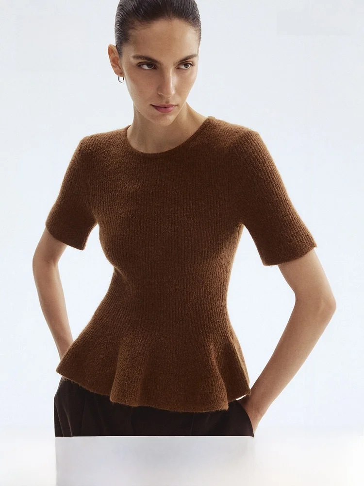 

Женский вязаный свитер H&M с круглым вырезом, приталенный, повседневный, из смесовой ткани (полиэстер, акрил, шерсть), с коротким рукавом и декоративной отделкой в виде юбки