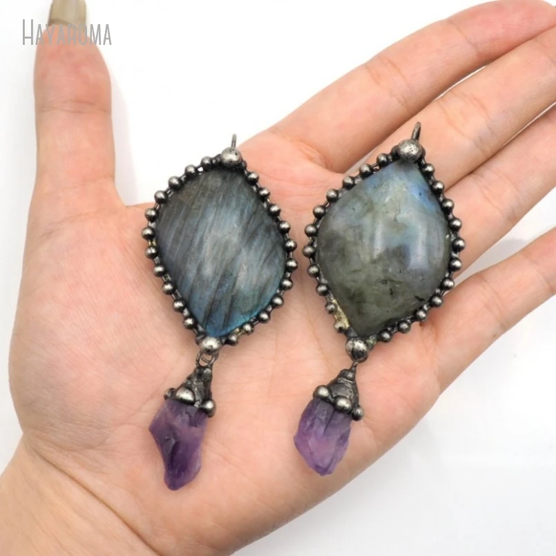 10Pcs Antique Silver Color Labradorite Amethysts Crystal Vintage Handmade Jewelry Soldered Free Form Point Pendant PM50065