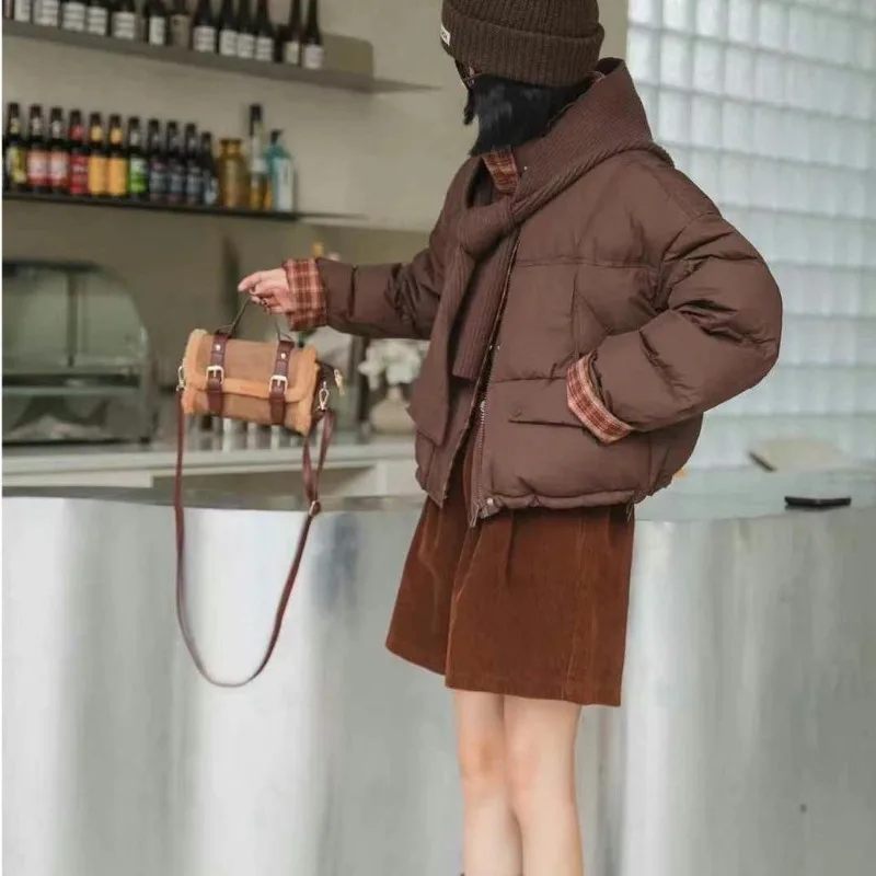 New Down Jacket Warm Stand Collar Patchwork Plaid Cuffs Women's White Duck Down Coat Short Knit Scarf Hat Thick Loose Outerwear