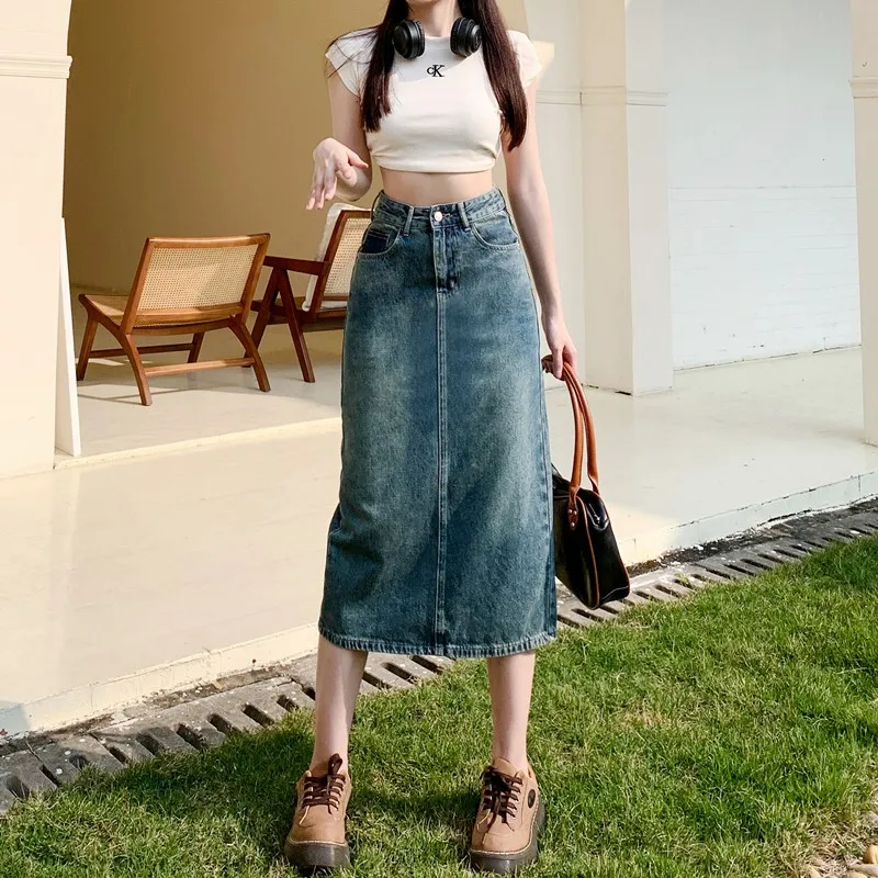 

5377 Summer Fashion Women's Y2K Denim Skirt Vintage Patchwork Split Slim A-line Robes Female Empire Waist Loose Casual Clothing