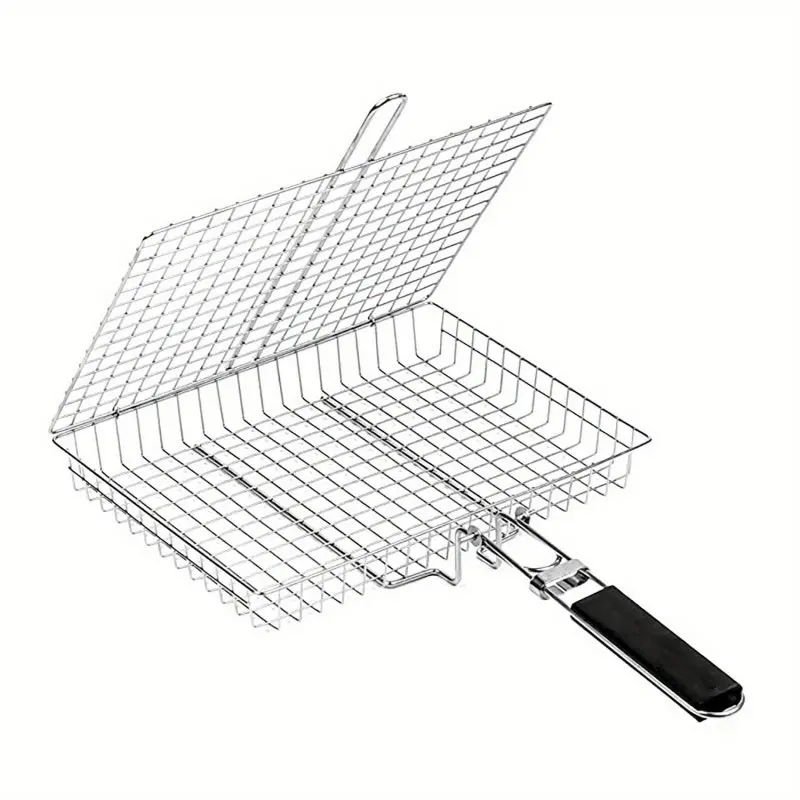 2PCS  Outdoor BBQ net basket clip Multifunctional foldable with handle Thickened stainless steel grilled fish splint