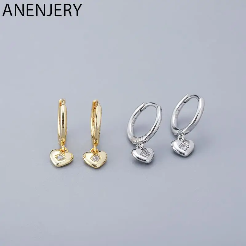 ANENJERY-pendientes de aro con colgante de corazón de amor para mujer, Color plateado, Simple, diario, Micro circón, hebilla para oreja, joyería que combina con todo