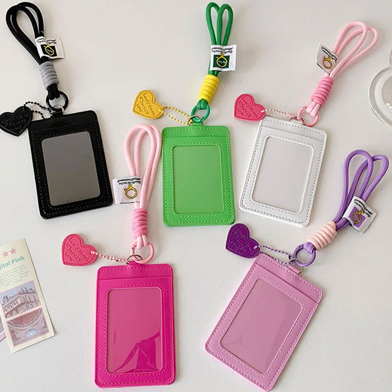 Kpop Photocard ID Card Holder PU Leather Card Cover Strap Heart Pendant Photo Card Protector for Student Bus Bank Card Case Gift