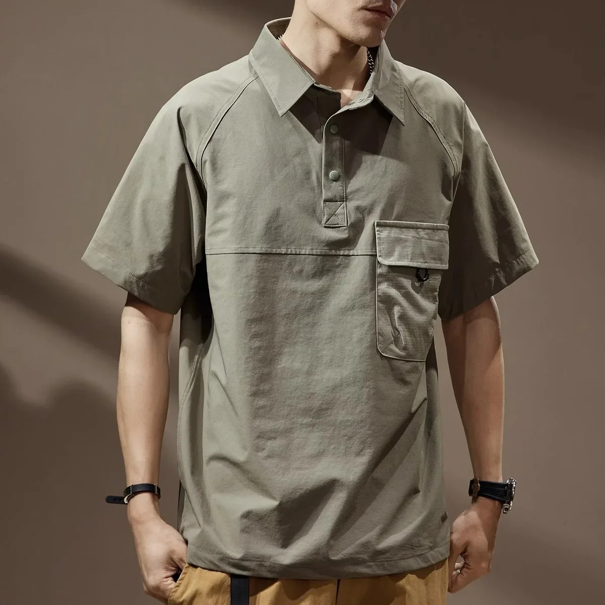 American Color-blocked Pocket Workwear Short-sleeve Polo Shirt For Men, Summer Lapel Vintage T-shirt For Men