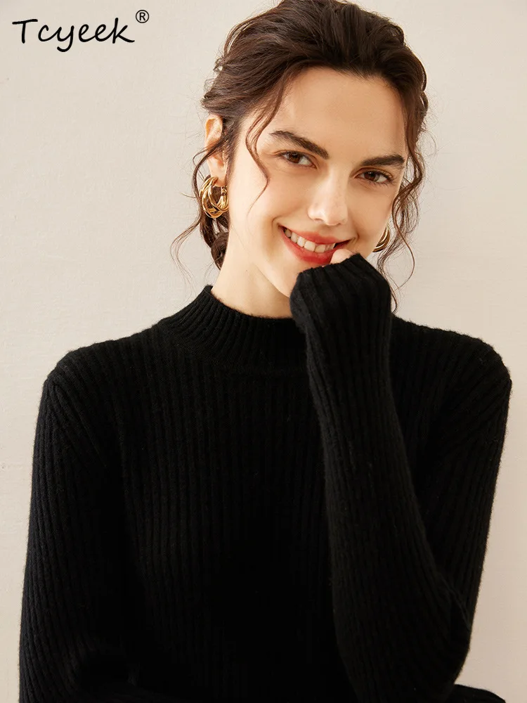 

Tcyeek, Cashmere Wool Elegant Sweaters, Women Mock Neck Stripe, Fashion Casual Slim OL Sweater, Autumn Winter Top T485122QM