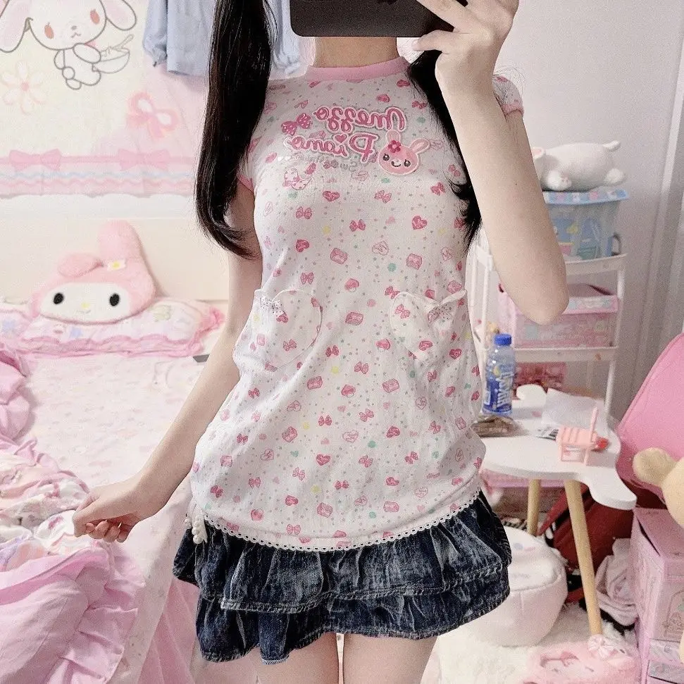 Summer New Sweet Lolita Cute Cartoon Mini Dress Japanese Casual All Match Y2k Princess Dress Lace Kawaii Vestidos De Mujer