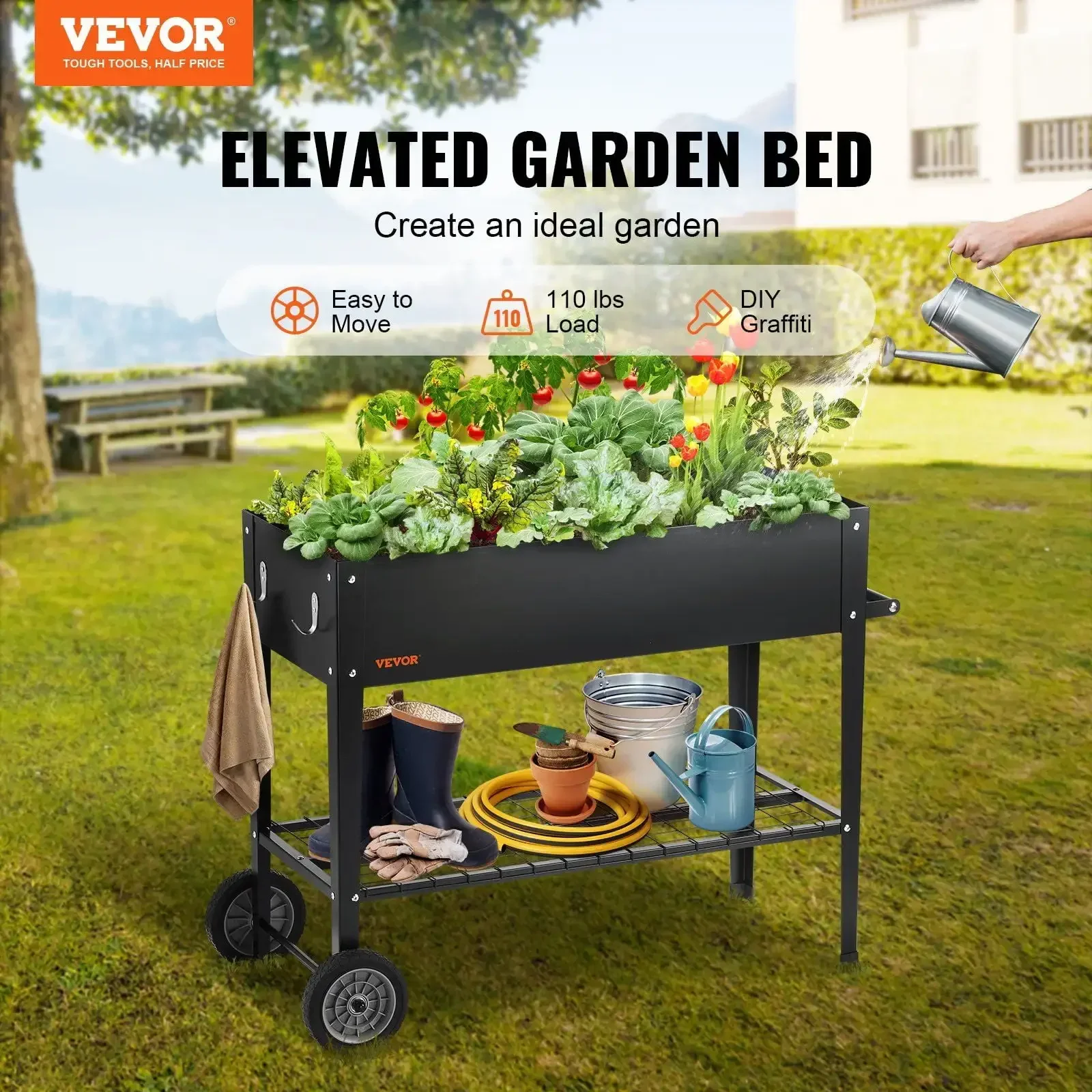 Raised Garden Bed, 42.5 x 19.5 x 31.5 inch Galvanized Metal Planter Box, Elevated Outdoor Planting Boxes with Legs, Black