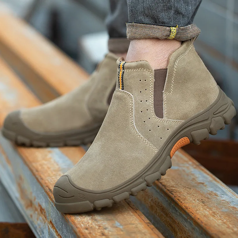 men fashion breathable steel toe covers working safety boots slip-on cow suede leather welding shoes worker security footwear