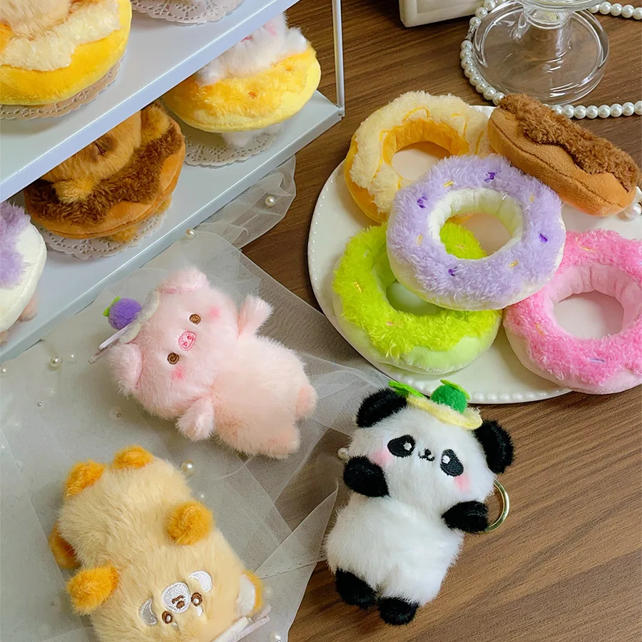 Simpatico ciambella animale portachiavi in peluche portachiavi creativo in peluche cartone animato coniglio / capibara / panda ciondolo borsa in peluche regalo di compleanno