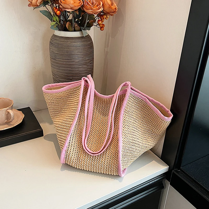 Fashion Crochet Bags for Women Summer Beach Tote Bag Raffia Aesthetic Totes Straw Handbag Bohemian Boho Woven Knit Shoulder Bag