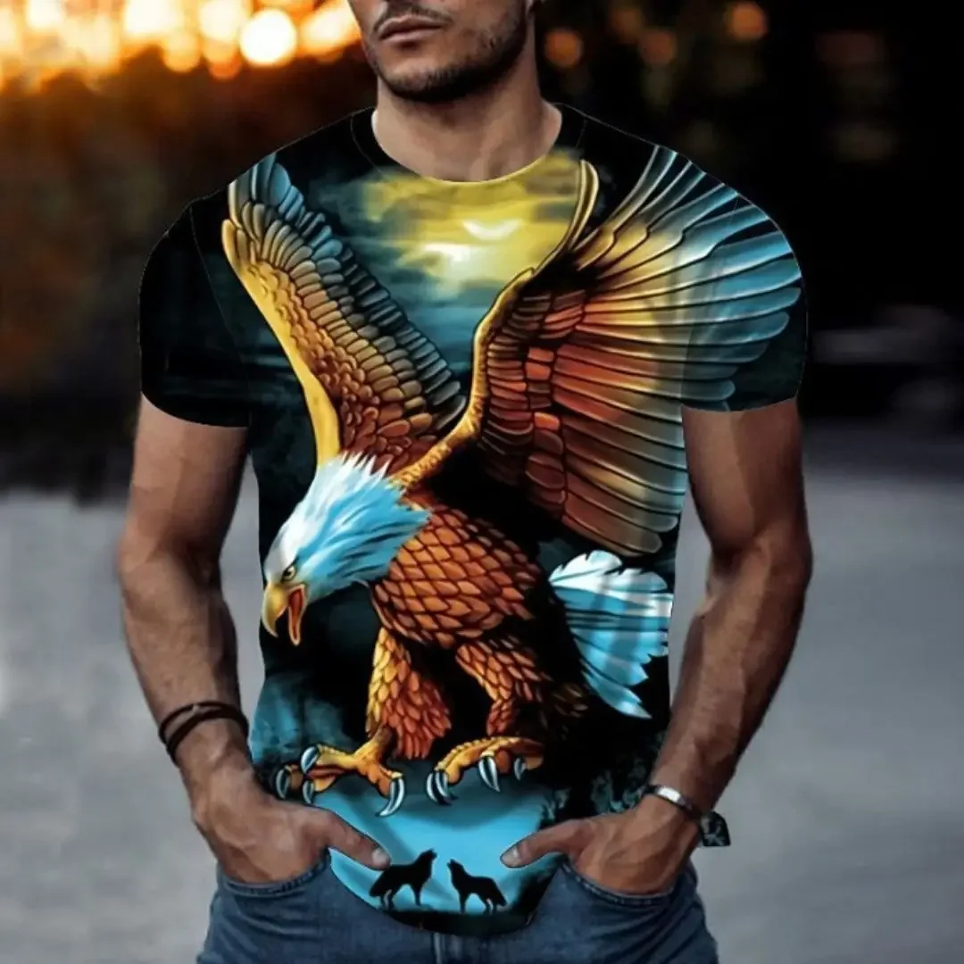 2024 Summer New Fashion Vintage T-shirt for Men 3D Eagle Print Short Sleeve Top Fashion Animal T-shirt Loose Oversized T-shirt M