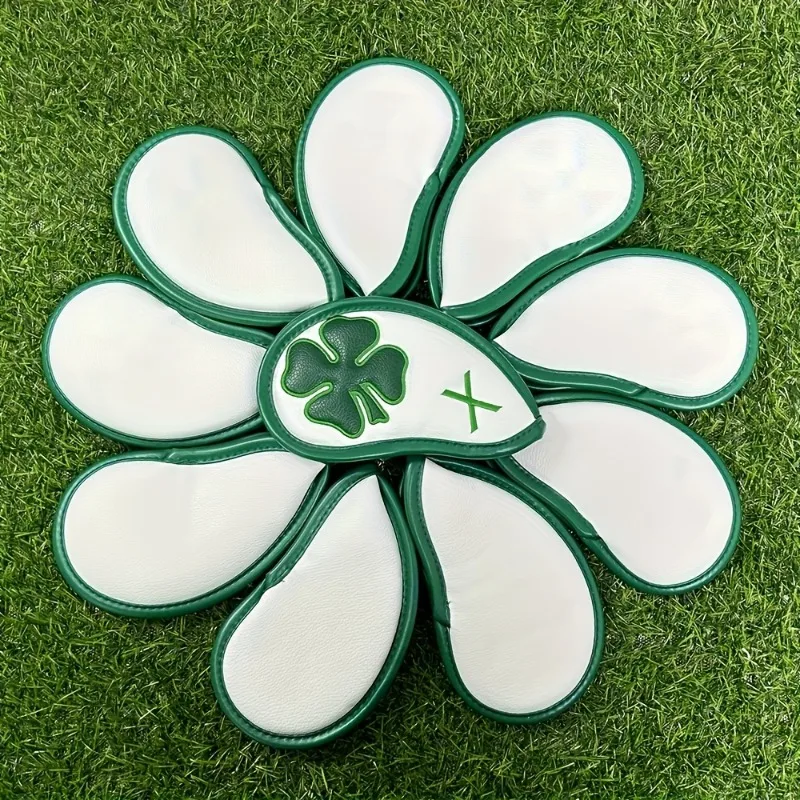 Capa de cabeça para taco de golfe trevo, material pu durável, à prova de poeira e arranhões, capa protetora elegante para cabeça de taco com 10 peças